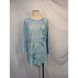 Mesh Knit Tie Dye Sheer Tunic Top Beach Cover Up Pastel Blue Green Oversized